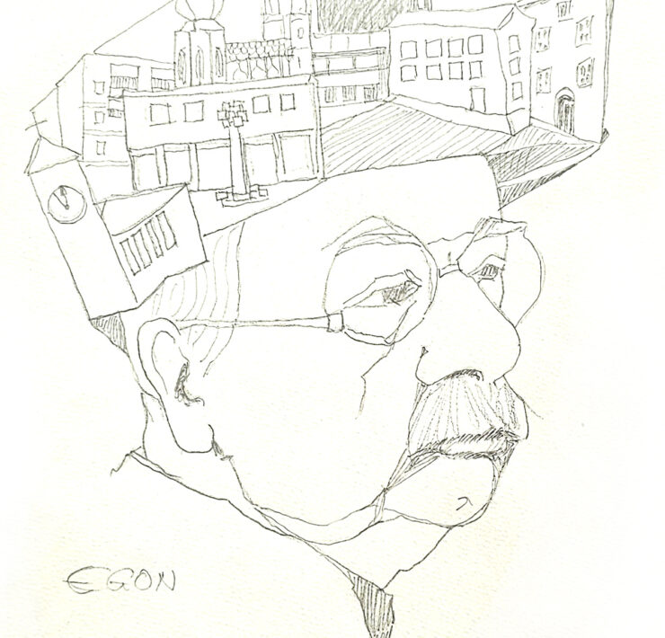 Wolf Hirtreiter, Egon (hanns Egon Wörlen Mit Architekturen Hut), 2005, Bleistiftzeichnung, Stiftung Wörlen, Passau © Foto Mmk