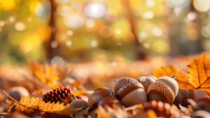 ドングリが散らばる美しい秋の景色