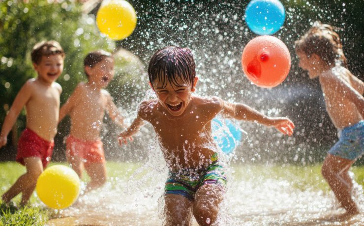 Capture The Fun And Excitement Of Kids Having A Water Balloon Fight In The Backyard, Laughing And Soaking Wet