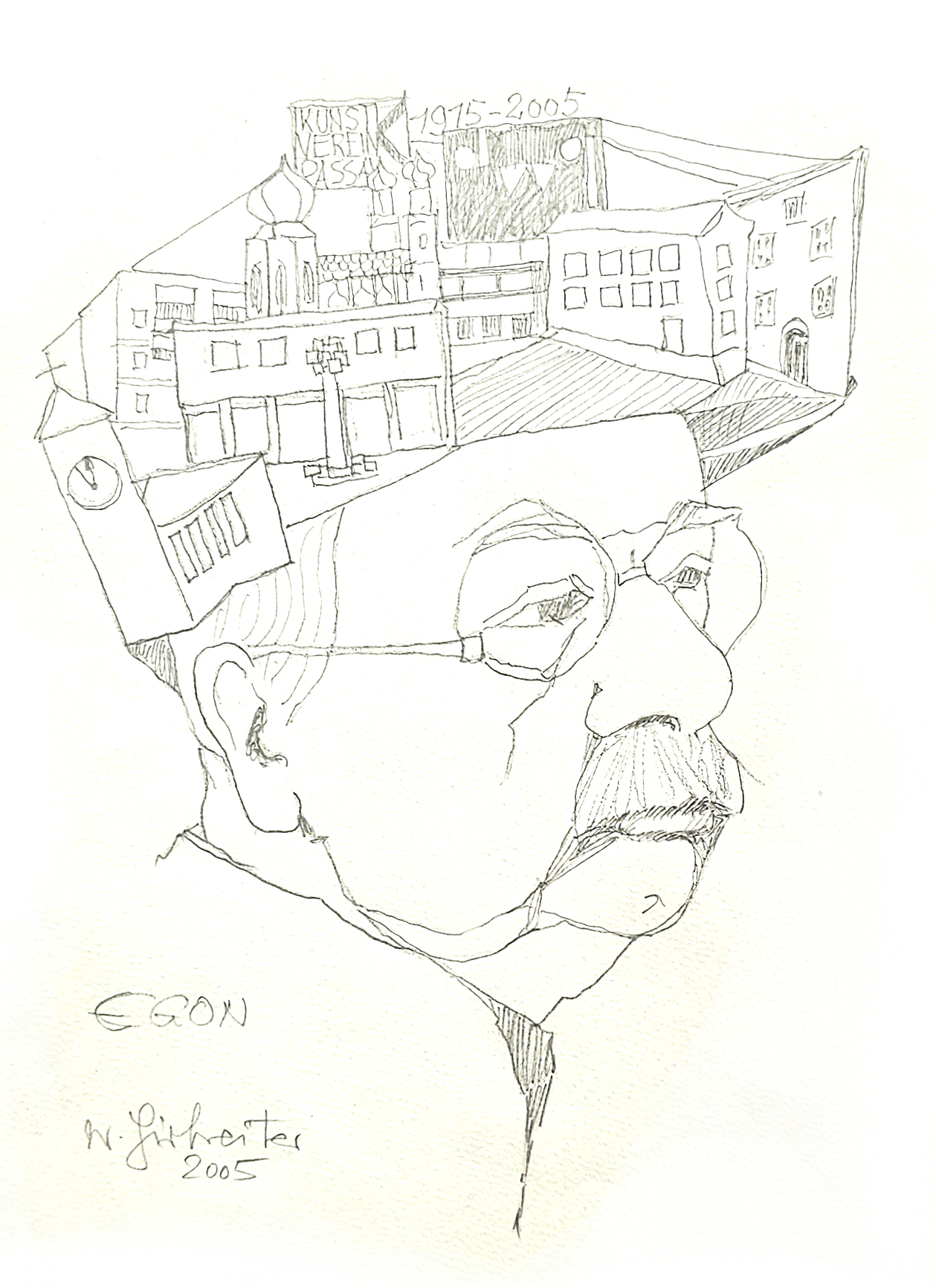 Wolf Hirtreiter, Egon (hanns Egon Wörlen Mit Architekturen Hut), 2005, Bleistiftzeichnung, Stiftung Wörlen, Passau © Foto Mmk