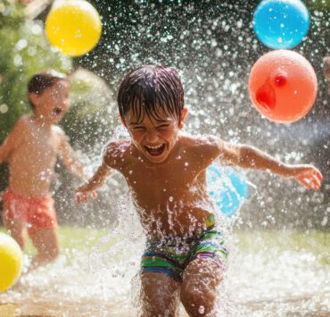 Capture The Fun And Excitement Of Kids Having A Water Balloon Fight In The Backyard, Laughing And Soaking Wet