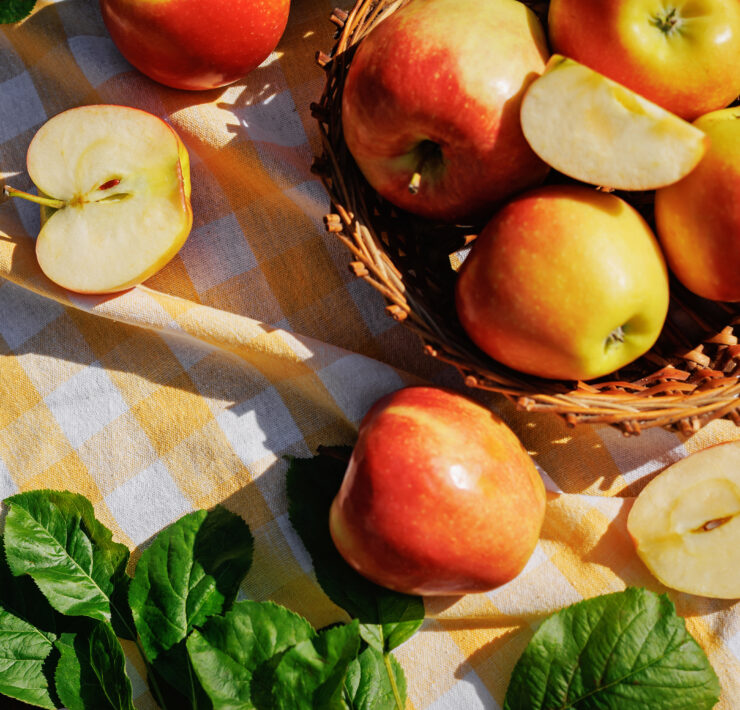 Fresh Red and Yellow Apples in Wicker Basket on Garden Picnic Table